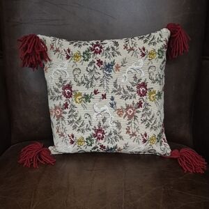 Floral Tapestry Pillow with Red Tassels
